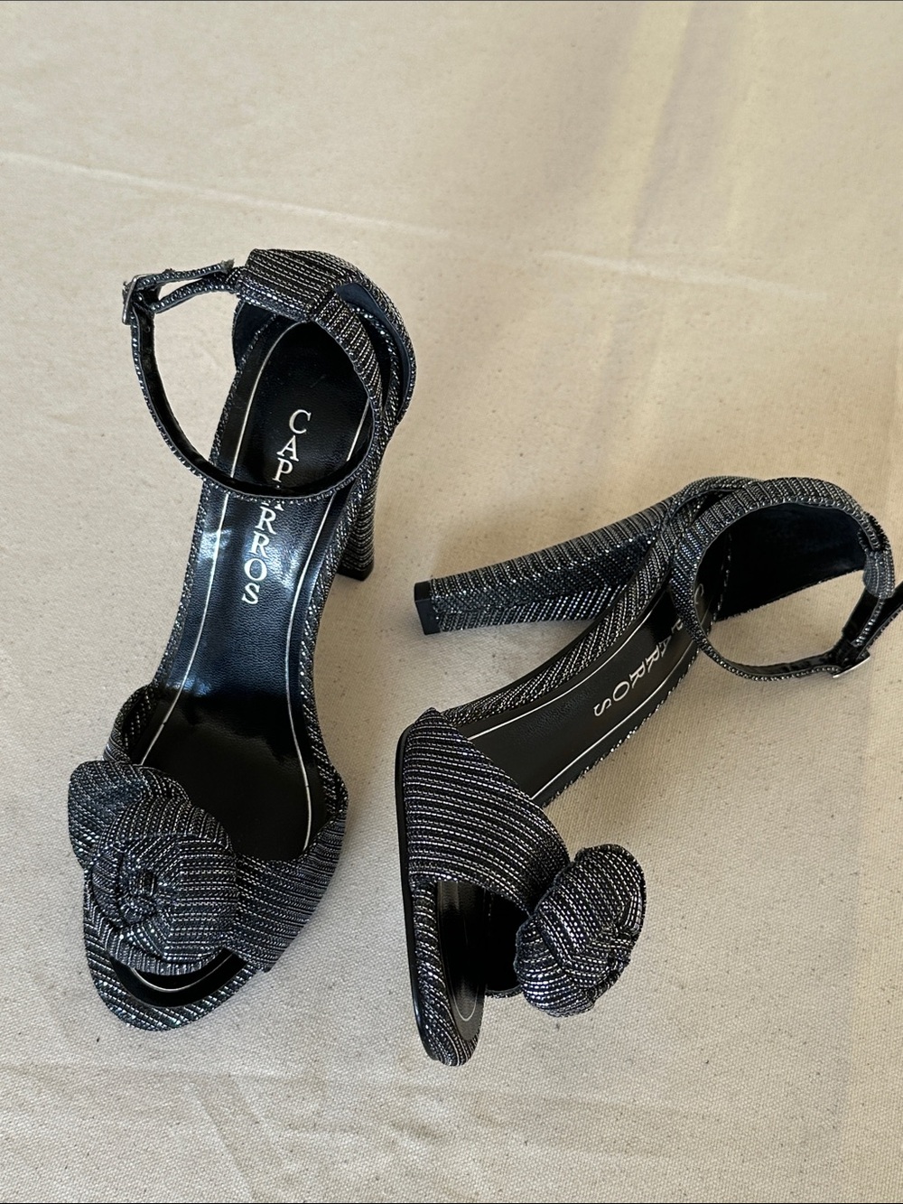 Caparros Black Metallic Rosette Ankle-Strap Heels